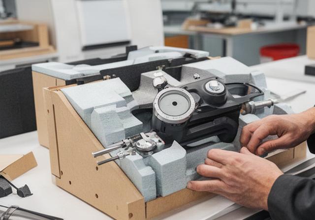 Montage einer Schutzverpackung mit passgenauen Schaumeinsätzen für ein Messgerät in der Fertigung