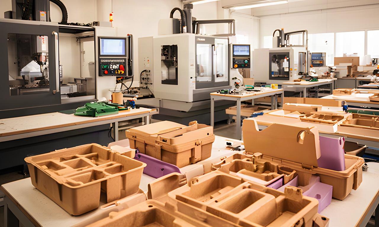 Werkstatt in Eschenbach mit CNC-Bearbeitungszentren und montagefertigen Schutzbehältern